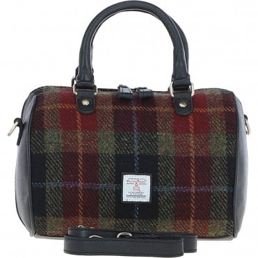 Ashwood Leather & Harris Tweed® Cloth Medium Barrel Bag Black/Green/Red: TW-62-07-BR