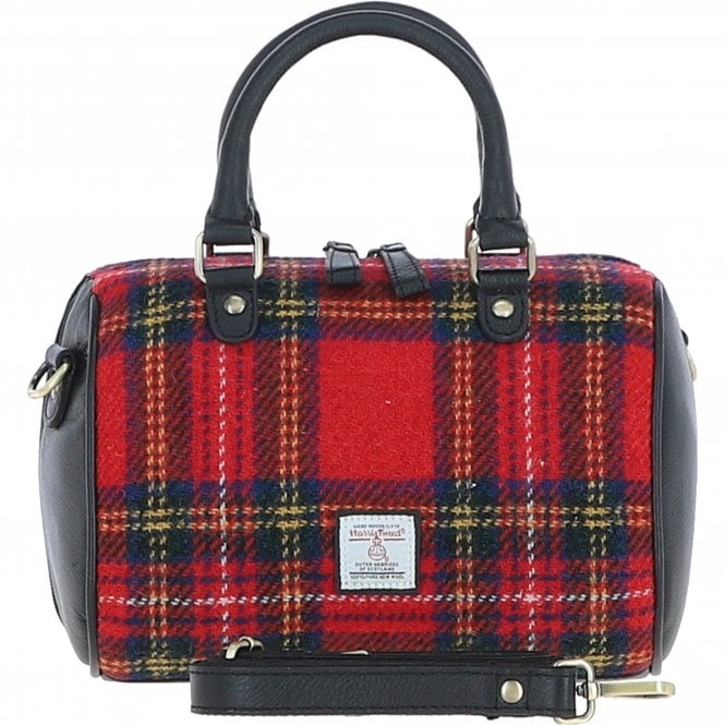 Ashwood Leather & Harris Tweed® Cloth Medium Barrel Bag Black/Red: TW-62-14-BR