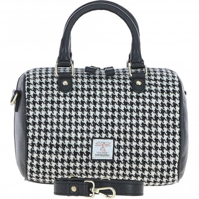 Ashwood Leather & Harris Tweed® Cloth Medium Barrel Bag Black/White: TW-62-12-BW