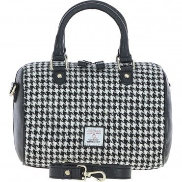 Ashwood Leather & Harris Tweed® Cloth Medium Barrel Bag Black/White: TW-62-12-BW