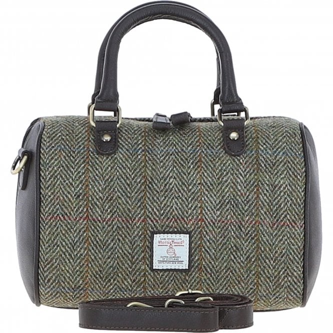Ashwood Leather & Harris Tweed® Cloth Medium Barrel Bag Brown/Green: TW-62-09-BG