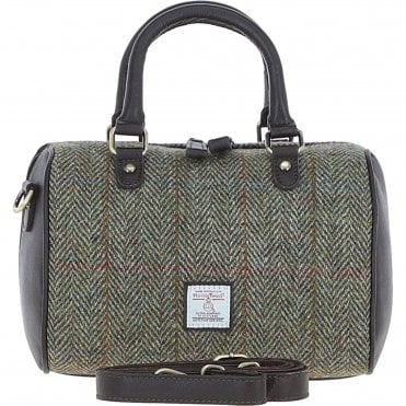 Ashwood Leather & Harris Tweed® Cloth Medium Barrel Bag Brown/Green: TW-62-09-BG