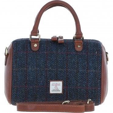 Ashwood Leather & Harris Tweed® Cloth Medium Barrel Bag Tan/Navy: TW-62-11-TN