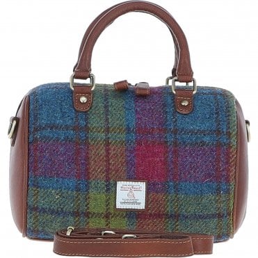 Ashwood Leather & Harris Tweed® Cloth Medium Barrel Bag Tan/Purple: TW-62-13-TP