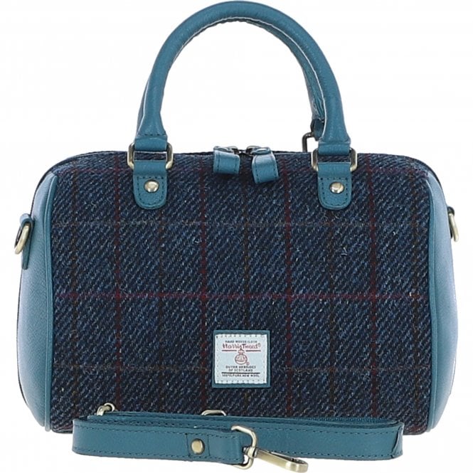Ashwood Leather & Harris Tweed® Cloth Medium Barrel Bag Teal/Navy: TW-62-16-TN