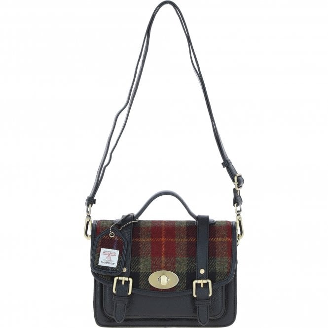 Ashwood Leather & Harris Tweed® Cloth Medium Satchel Bag with Twist Lock Black/Green/Red: TW-34-07-BR
