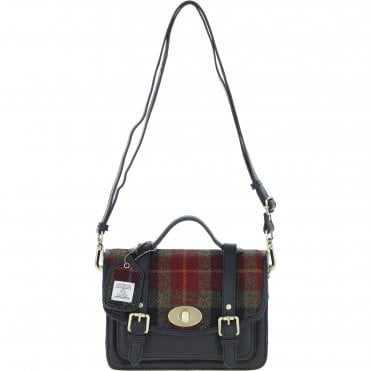Ashwood Leather & Harris Tweed® Cloth Medium Satchel Bag with Twist Lock Black/Green/Red: TW-34-07-BR