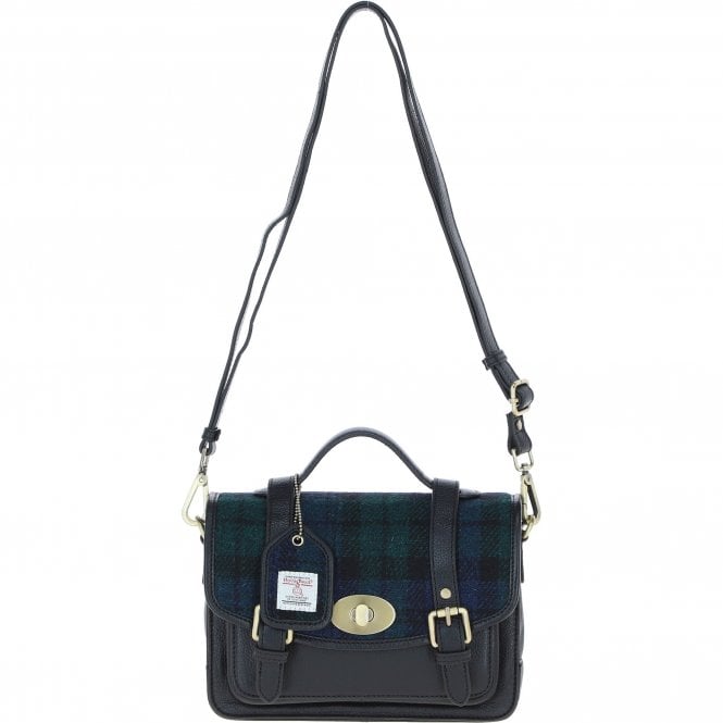 Ashwood Leather & Harris Tweed® Cloth Medium Satchel Bag with Twist Lock Black/Watch: TW-34-03-BW