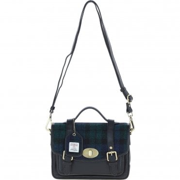 Ashwood Leather & Harris Tweed® Cloth Medium Satchel Bag with Twist Lock Black/Watch: TW-34-03-BW