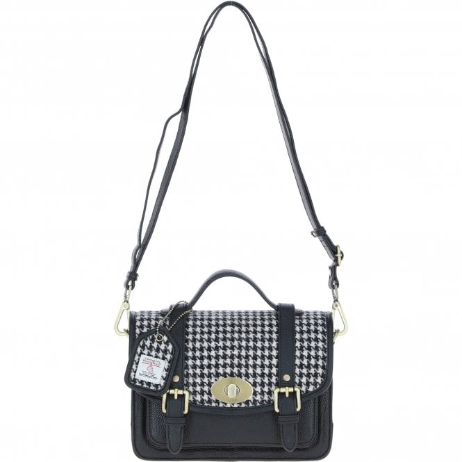 Ashwood Leather & Harris Tweed® Cloth Medium Satchel Bag with Twist Lock Black/White: TW-34-012-BW