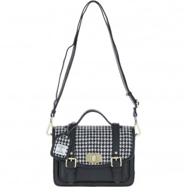 Ashwood Leather & Harris Tweed® Cloth Medium Satchel Bag with Twist Lock Black/White: TW-34-012-BW