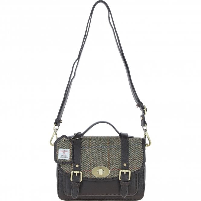 Ashwood Leather & Harris Tweed® Cloth Medium Satchel Bag with Twist Lock Brown/Green: TW-34-09-BG
