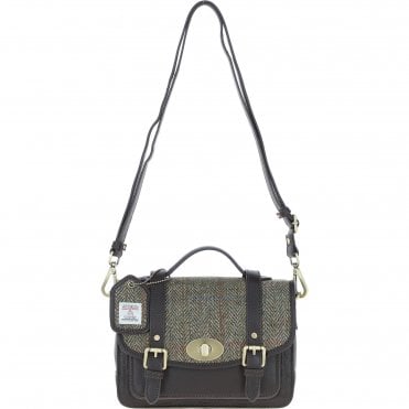 Ashwood Leather & Harris Tweed® Cloth Medium Satchel Bag with Twist Lock Brown/Green: TW-34-09-BG