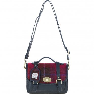 Ashwood Leather & Harris Tweed® Cloth Medium Satchel Bag with Twist Lock Navy/Pink: TW-34-06-NP