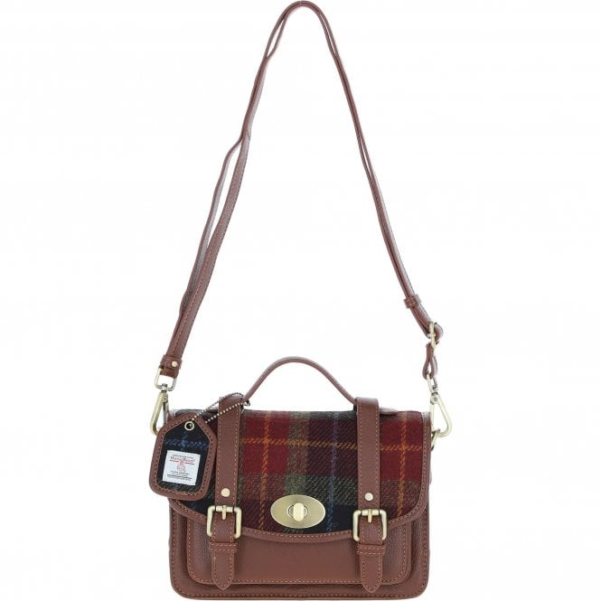 Ashwood Leather & Harris Tweed® Cloth Medium Satchel Bag with Twist Lock Tan/Green/Red: TW-34-08-TR