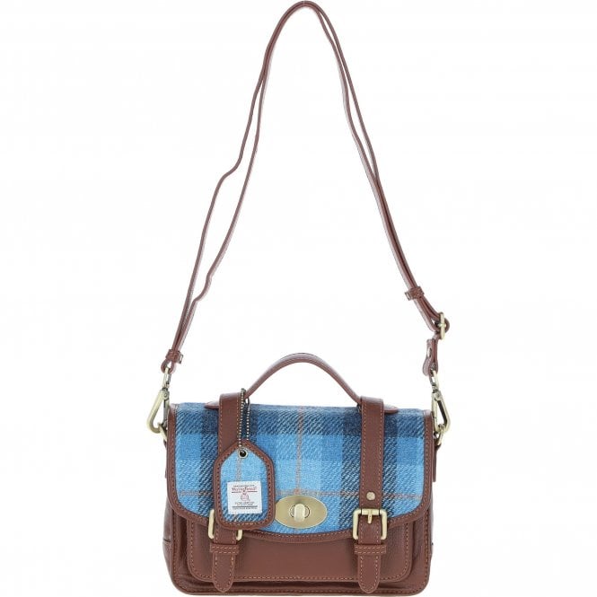 Ashwood Leather & Harris Tweed® Cloth Medium Satchel Bag with Twist Lock Tan/LT Blue: TW-34-05-TB