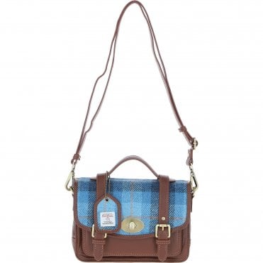 Ashwood Leather & Harris Tweed® Cloth Medium Satchel Bag with Twist Lock Tan/LT Blue: TW-34-05-TB