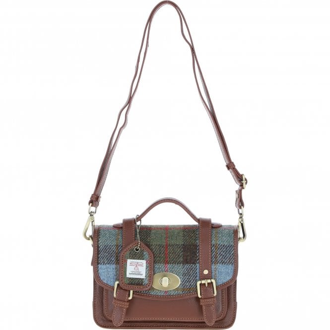 Ashwood Leather & Harris Tweed® Cloth Medium Satchel Bag with Twist Lock Tan/Mcload: TW-34-02-TM