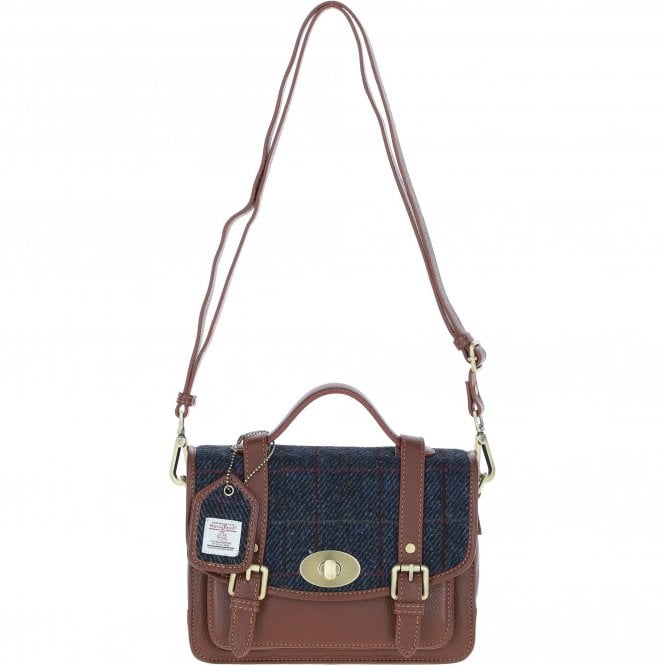 Ashwood Leather & Harris Tweed® Cloth Medium Satchel Bag with Twist Lock Tan/Navy: TW-34-011-TN