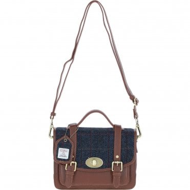 Ashwood Leather & Harris Tweed® Cloth Medium Satchel Bag with Twist Lock Tan/Navy: TW-34-011-TN