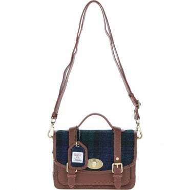Ashwood Leather & Harris Tweed® Cloth Medium Satchel Bag with Twist Lock Tan/Watch: TW-34-04-TW