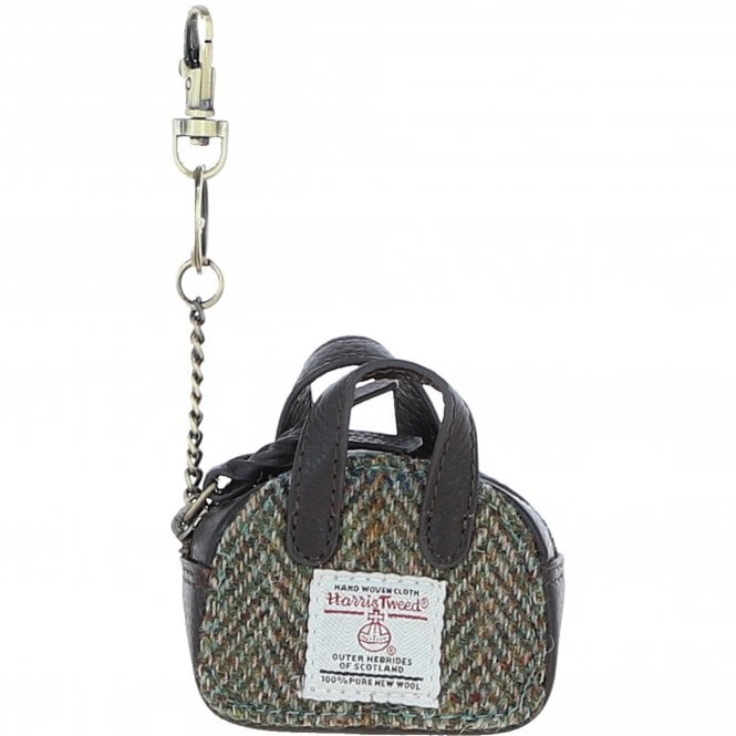 Ashwood Leather & Harris Tweed® Cloth Micro Handbag Keychain Brown/Green: TW-50-09-BG