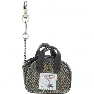 Ashwood Leather & Harris Tweed® Cloth Micro Handbag Keychain Brown/Green: TW-50-09-BG