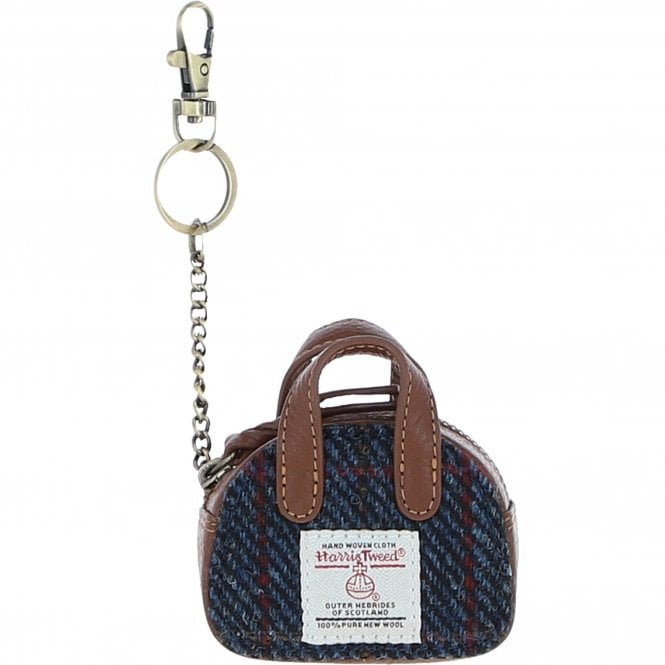 Ashwood Leather & Harris Tweed® Cloth Micro Handbag Keychain Tan/Navy: TW-50-11-TN