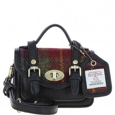 Ashwood Leather & Harris Tweed® Cloth Micro Satchel Bag with Twist Lock Black/Green/Red:TW-36-07-BR