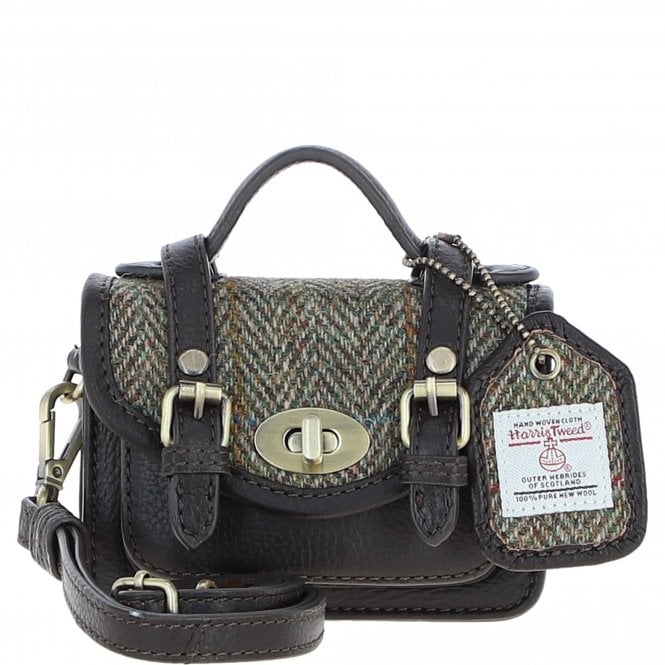 Ashwood Leather & Harris Tweed® Cloth Micro Satchel Bag with Twist Lock Brown/Green:TW-36-09-BG