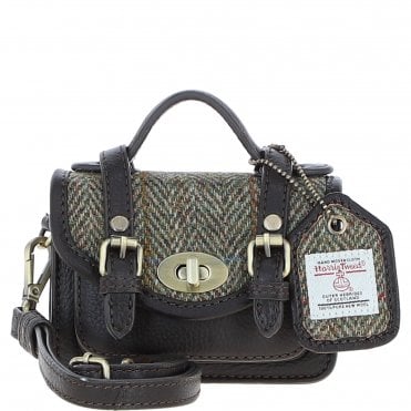 Ashwood Leather & Harris Tweed® Cloth Micro Satchel Bag with Twist Lock Brown/Green:TW-36-09-BG
