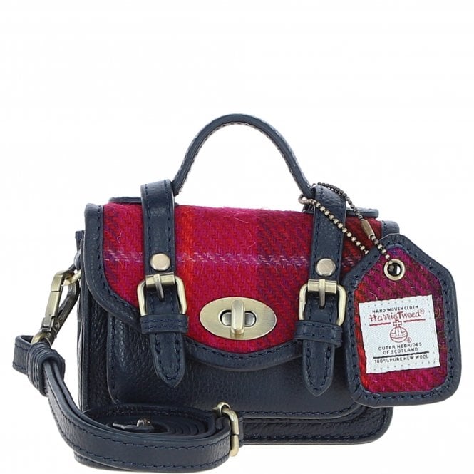 Ashwood Leather & Harris Tweed® Cloth Micro Satchel Bag with Twist Lock Navy/Pink:TW-36-06-NP