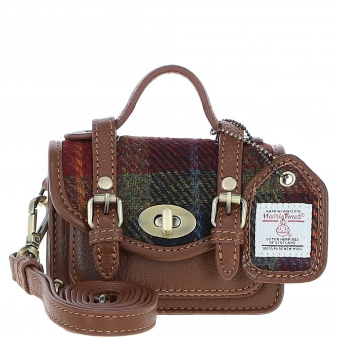 Ashwood Leather & Harris Tweed® Cloth Micro Satchel Bag with Twist Lock Tan/Green/Red:TW-36-08-TR