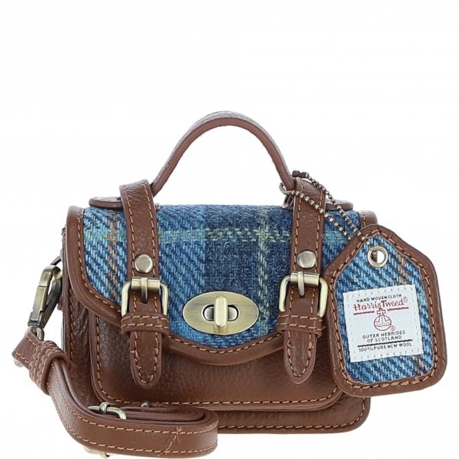 Ashwood Leather & Harris Tweed® Cloth Micro Satchel Bag with Twist Lock Tan/LT Blue:TW-36-05-TB
