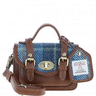 Ashwood Leather & Harris Tweed® Cloth Micro Satchel Bag with Twist Lock Tan/LT Blue:TW-36-05-TB