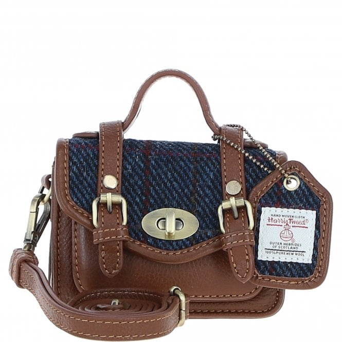 Ashwood Leather & Harris Tweed® Cloth Micro Satchel Bag with Twist Lock Tan/Navy:TW-36-11-TN
