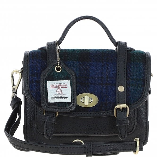 Ashwood Leather & Harris Tweed® Cloth Mini Satchel Bag with Twist Lock Black/Watch: TW-32-03-BW