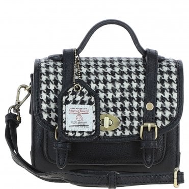 Ashwood Leather & Harris Tweed® Cloth Mini Satchel Bag with Twist Lock Black/White: TW-32-12-BW