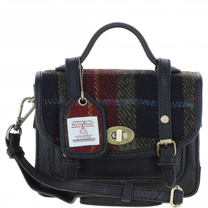 Ashwood Leather & Harris Tweed® Cloth Mini Satchel Bag with Twist Lock Brown/Red: TW-32-07-BR