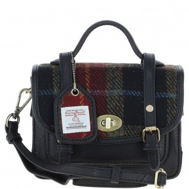 Ashwood Leather & Harris Tweed® Cloth Mini Satchel Bag with Twist Lock Brown/Red: TW-32-07-BR