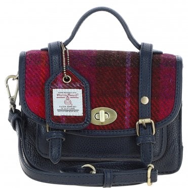 Ashwood Leather & Harris Tweed® Cloth Mini Satchel Bag with Twist Lock Navy/Pink: TW-32-06-NP
