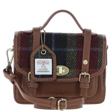 Ashwood Leather & Harris Tweed® Cloth Mini Satchel Bag with Twist Lock Tan/Red: TW-32-08-TR
