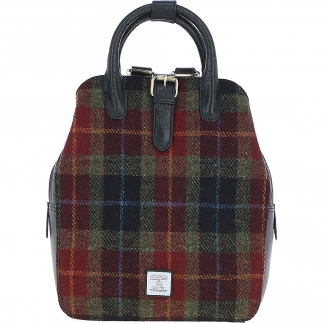 Ashwood Leather & Harris Tweed® Cloth Multi-Pocket Backpack Black/Green/Red: TW-66-07-BR