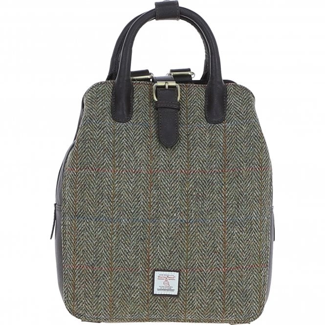 Ashwood Leather & Harris Tweed® Cloth Multi-Pocket Backpack Brown/Green: TW-66-09-BG