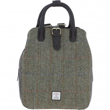 Ashwood Leather & Harris Tweed® Cloth Multi-Pocket Backpack Brown/Green: TW-66-09-BG