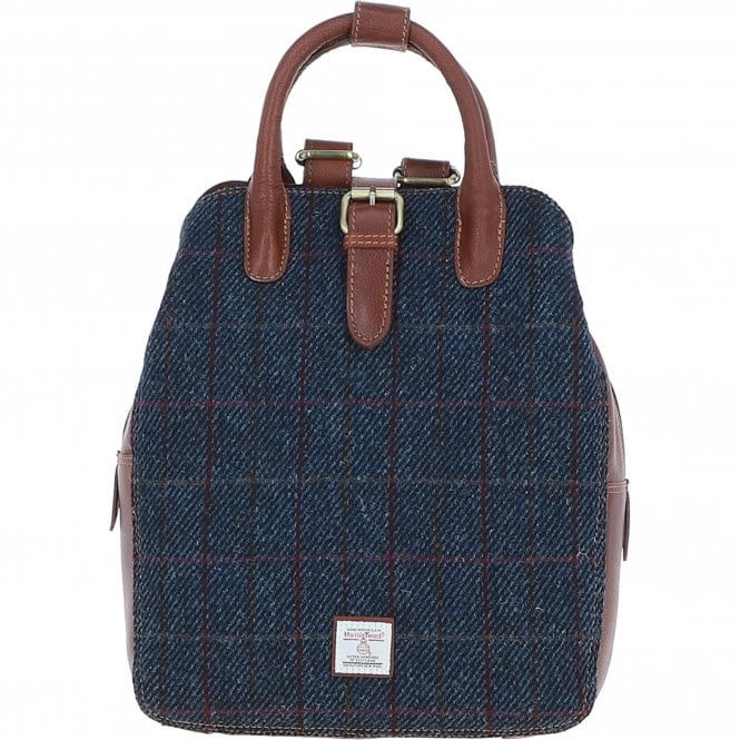 Ashwood Leather & Harris Tweed® Cloth Multi-Pocket Backpack Tan/Navy: TW-66-11-TN