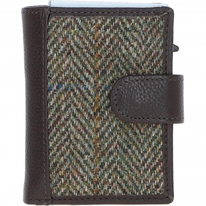 Ashwood Leather & Harris Tweed® Cloth RFID Secure Wallet Brown/Green: TW-16-09-BG