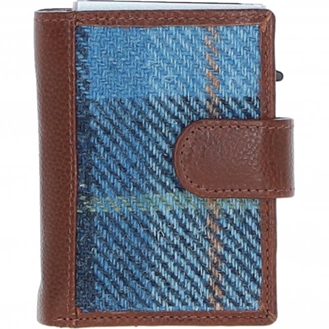 Ashwood Leather & Harris Tweed® Cloth RFID Secure Wallet Tan/LT Blue: TW-16-05-TB