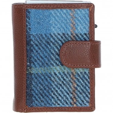 Ashwood Leather & Harris Tweed® Cloth RFID Secure Wallet Tan/LT Blue: TW-16-05-TB