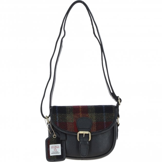 Ashwood Leather & Harris Tweed® Cloth Saddle Bag Black/Green/Red: TW-26-07-BR